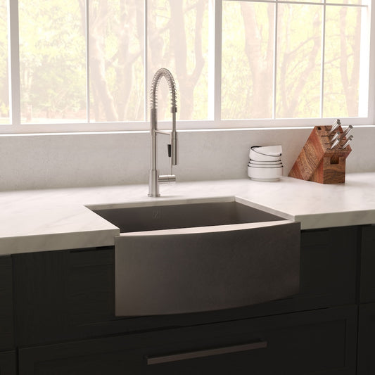 Farmhouse kitchen with a ZLINE 30 in. Zermatt Farmhouse Apron Mount Single Bowl Satin Stainless Steel Kitchen Sink with Bottom Grid (SAS-30S) and faucet.