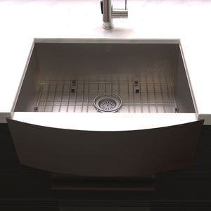 ZLINE Zermatt 30 in. Farmhouse Apron Mount Single Bowl Scratch Resistant Stainless Steel Kitchen Sink with Bottom Grid (SAS-30S) in a farmhouse-style kitchen, above.