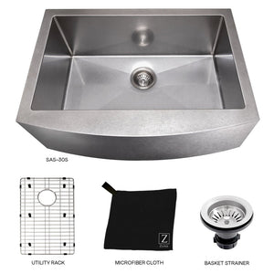 ZLINE Zermatt 30 in. Farmhouse Apron Mount Single Bowl Scratch Resistant Stainless Steel Kitchen Sink with Bottom Grid (SAS-30S) separated components.