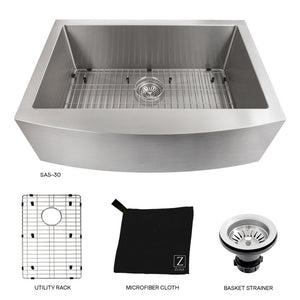 ZLINE Zermatt 30 in. Farmhouse Apron Mount Single Bowl Stainless Steel Kitchen Sink with Bottom Grid (SAS-30) with utility grid, microfiber cloth, and basket strainer.