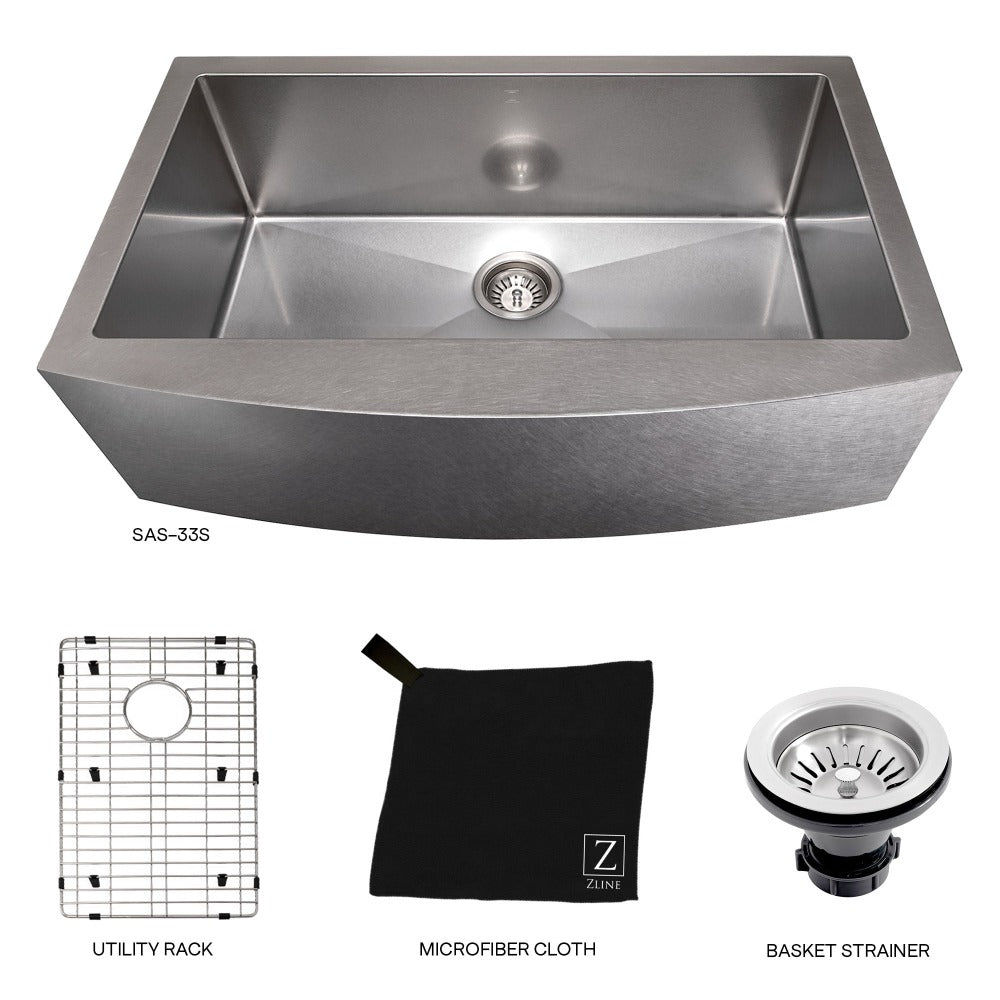 ZLINE Vail 33 in. Farmhouse Apron Mount Single Bowl Stainless Steel Kitchen Sink with Bottom Grid (SAS-33) with utility rack, microfiber cloth, and basket strainer.