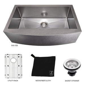 ZLINE Vail 33 in. Farmhouse Apron Mount Single Bowl Scratch Resistant Stainless Steel Kitchen Sink with Bottom Grid (SAS-33S) with utility rack, microfiber cloth, and basket strainer.