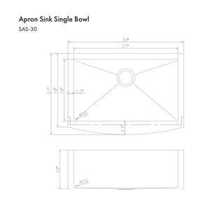 ZLINE Zermatt 30 in. Farmhouse Apron Mount Single Bowl Stainless Steel Kitchen Sink with Bottom Grid (SAS-30) dimensional diagram.