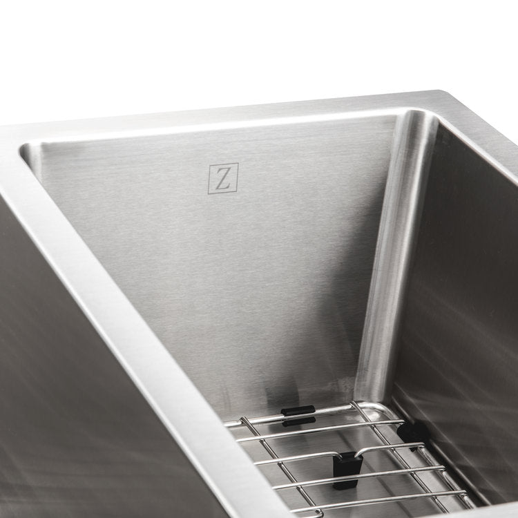 ZLINE Cortina 33 in. Undermount Double Bowl Stainless Steel Kitchen Sink with Bottom Grid (SC70D-33) close-up, logo.