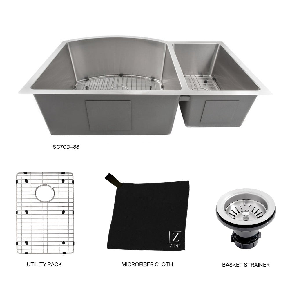 ZLINE Cortina 33 in. Undermount Double Bowl Stainless Steel Kitchen Sink with Bottom Grid (SC70D-33) with utility rack, microfiber cloth, and basket strainer.