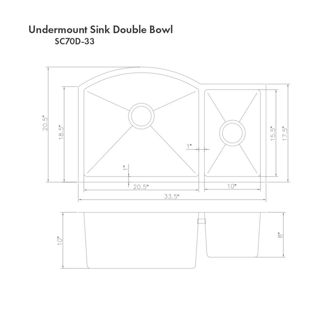 ZLINE Cortina 33 in. Undermount Double Bowl Stainless Steel Kitchen Sink with Bottom Grid (SC70D-33) dimensional diagram.