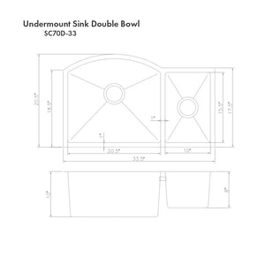 ZLINE Cortina 33 in. Undermount Double Bowl Stainless Steel Kitchen Sink with Bottom Grid (SC70D-33) dimensional diagram.