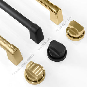 Autograph Edition Professional Range handles and knobs finish comparison. Bottom Left: Champagne Bronze. Center: Matte Black. Top Right: Polished Gold.