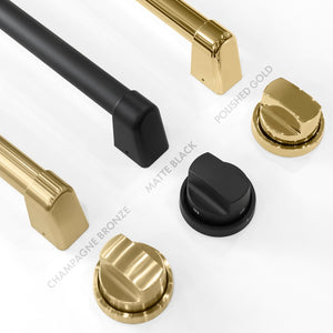 Autograph Edition Professional Range handles and knobs finish comparison. Bottom Left: Champagne Bronze. Center: Matte Black. Top Right: Polished Gold.