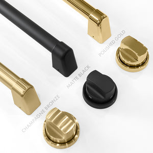 Autograph Edition Black Satin Stainless Steel handles and knobs finish comparison. Bottom Left: Champagne Bronze. Center: Matte Black. Top Right: Polished Gold.
