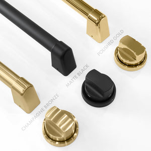 Autograph Edition Range handles and knobs finish comparison. Bottom Left: Champagne Bronze. Center: Matte Black. Top Right: Polished Gold.