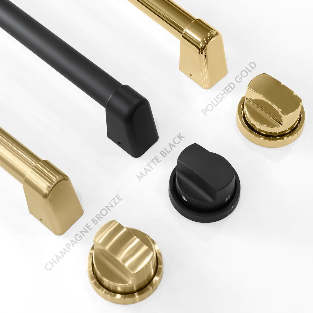 Autograph Edition Professional Range handles and knobs finish comparison. Bottom Left: Champagne Bronze. Center: Matte Black. Top Right: Polished Gold.