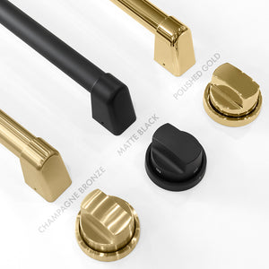 Autograph Edition Black Satin Stainless Steel handles and knobs finish comparison. Bottom Left: Champagne Bronze. Center: Matte Black. Top Right: Polished Gold.