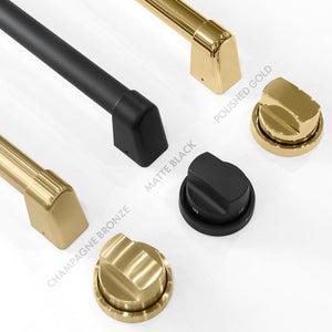 Autograph Edition Range handles and knobs finish comparison. Bottom Left: Champagne Bronze. Center: Matte Black. Top Right: Polished Gold.