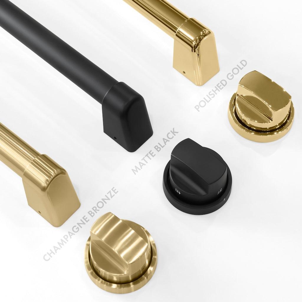 ZLINE Autograph Edition Handles and Knobs. Left: Champagne Bronze. Center: Matte Black. Right: Polished Gold.