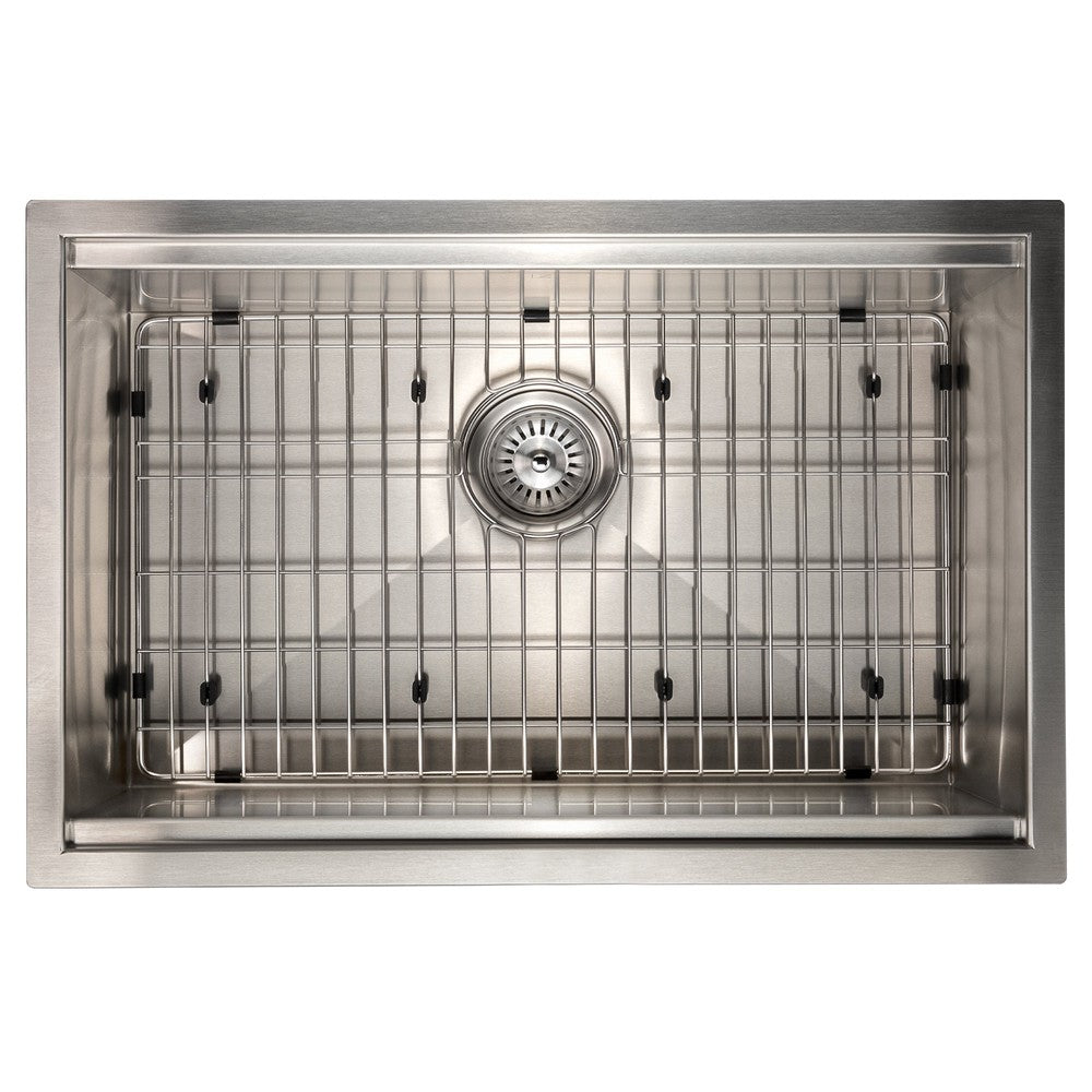 ZLINE Garmisch 27 in. Undermount Single Bowl Stainless Steel Kitchen Sink with Bottom Grid and Accessories (SLS-27) overhead, with grate.