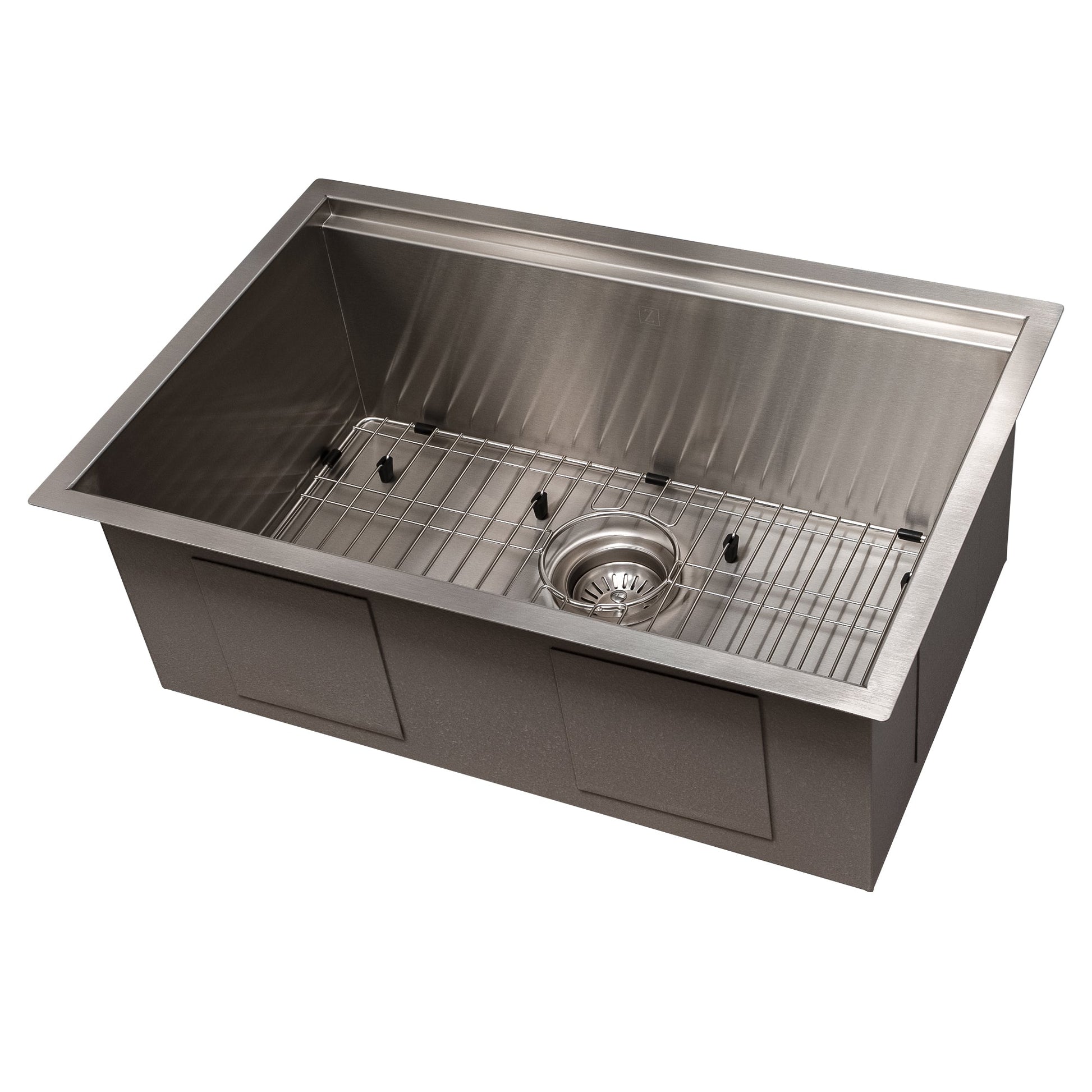 ZLINE Garmisch 27 in. Undermount Single Bowl Stainless Steel Kitchen Sink with Bottom Grid and Accessories (SLS-27) side, angled, with grate.