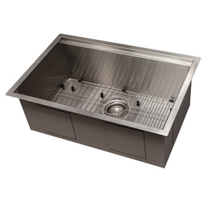 ZLINE Garmisch 27 in. Undermount Single Bowl Stainless Steel Kitchen Sink with Bottom Grid and Accessories (SLS-27) side, angled, with grate.