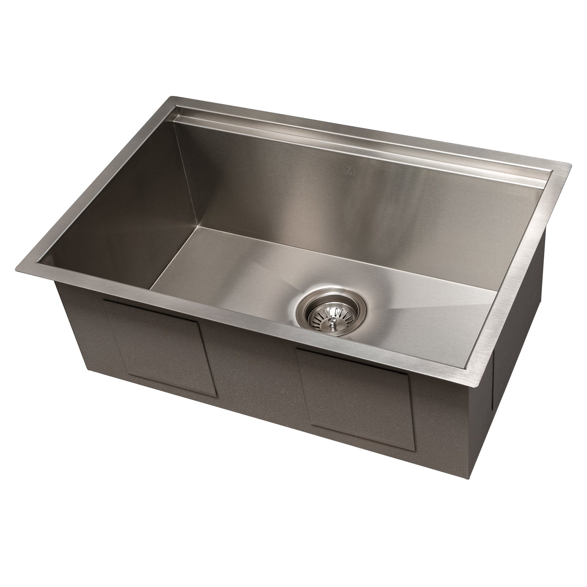 ZLINE Garmisch 27 in. Undermount Single Bowl Stainless Steel Kitchen Sink with Bottom Grid and Accessories (SLS-27) side, angled, no grate.