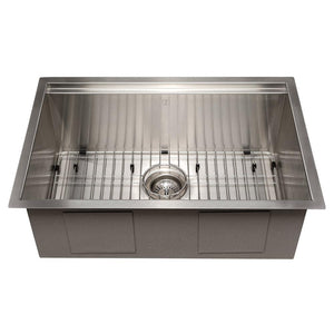 ZLINE Garmisch 27 in. Undermount Single Bowl Stainless Steel Kitchen Sink with Bottom Grid and Accessories (SLS-27) front, with grate.