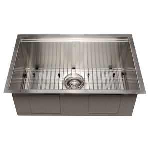 ZLINE Garmisch 27 in. Undermount Single Bowl Stainless Steel Kitchen Sink with Bottom Grid and Accessories (SLS-27) front, with grate.