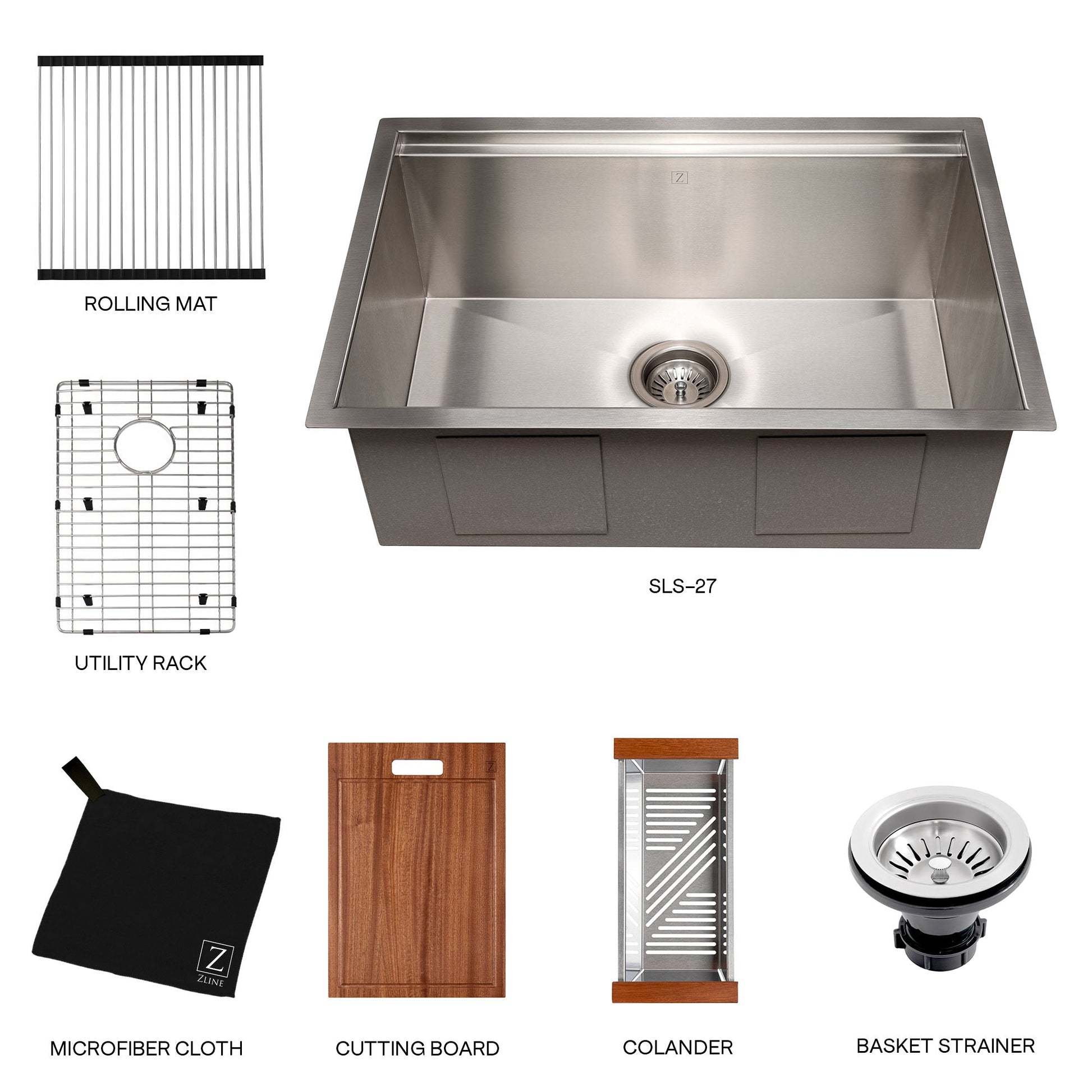 ZLINE Garmisch 27 in. Undermount Single Bowl Stainless Steel Kitchen Sink with Bottom Grid and Accessories (SLS-27) with included accessories.