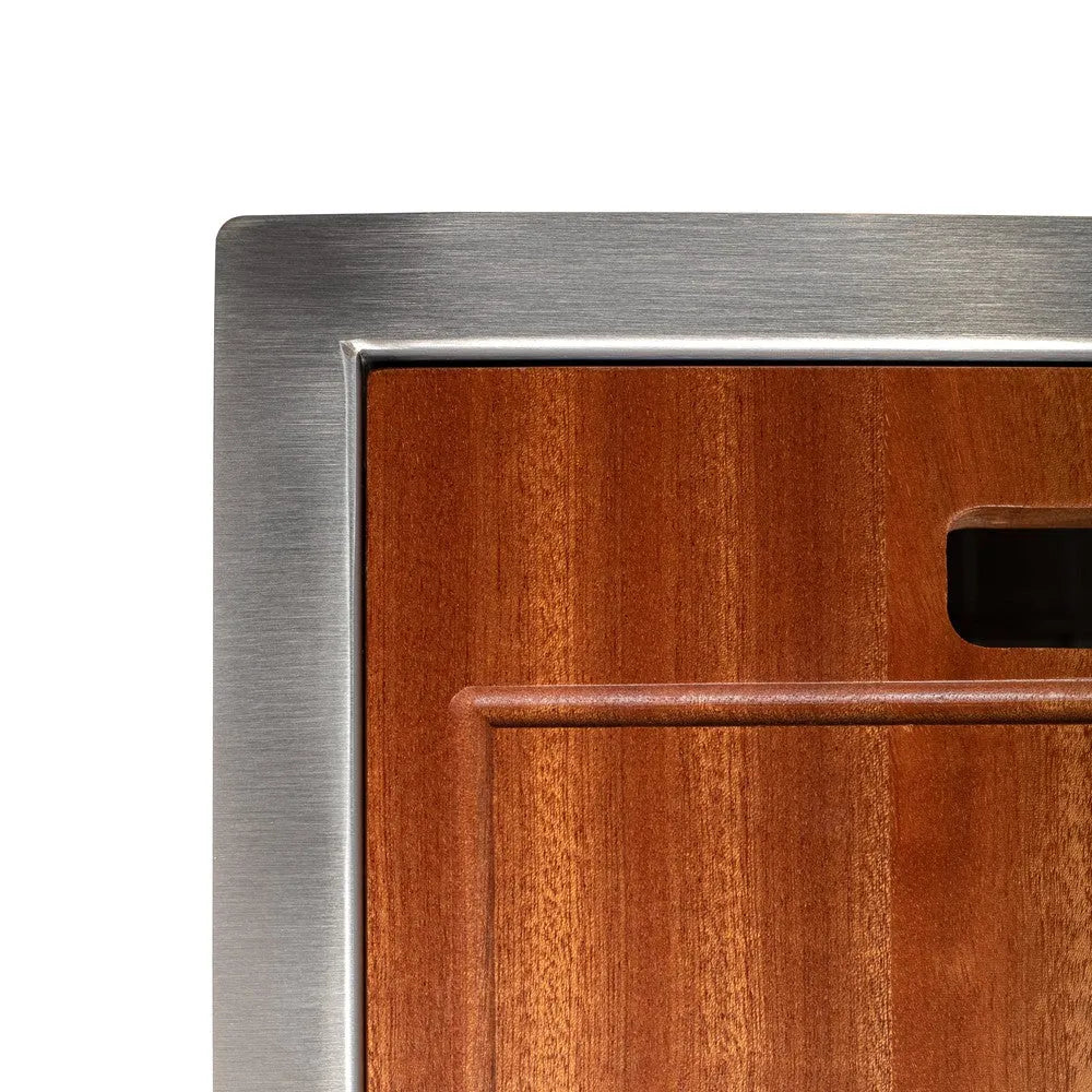 Close-up of a wood cutting board onZLINE 30 in. Garmisch Undermount Single Bowl Stainless Steel Kitchen Sink with Bottom Grid and Accessories (SLS-30)