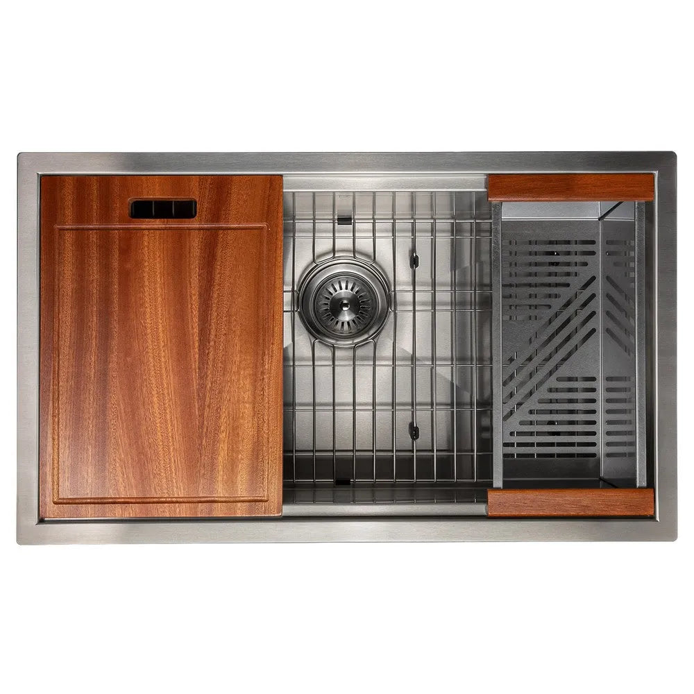 ZLINE 30 in. Garmisch Undermount Single Bowl Stainless Steel Kitchen Sink with Bottom Grid and Accessories (SLS-30) overhead view.