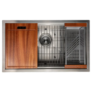 ZLINE 30 in. Garmisch Undermount Single Bowl Stainless Steel Kitchen Sink with Bottom Grid and Accessories (SLS-30) overhead view.