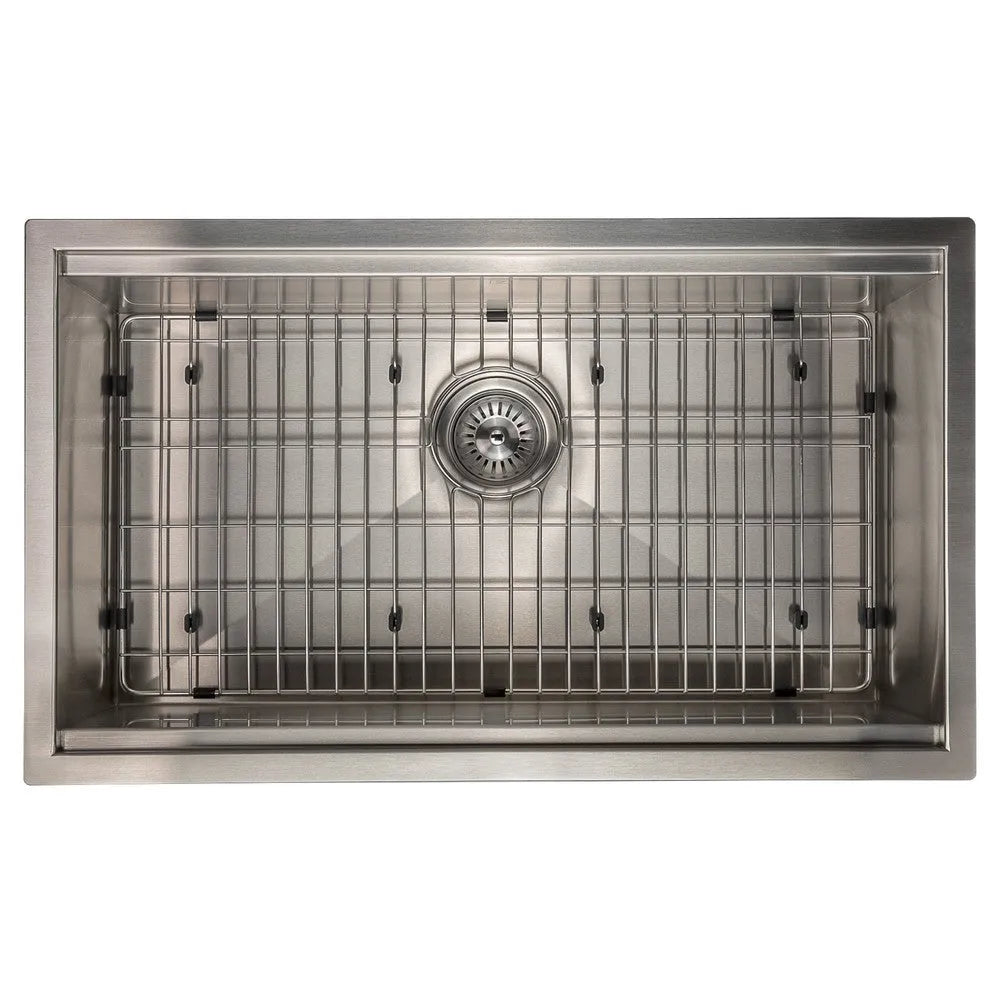 ZLINE 30 in. Garmisch Undermount Single Bowl Stainless Steel Kitchen Sink with Bottom Grid and Accessories (SLS-30) overhead view.