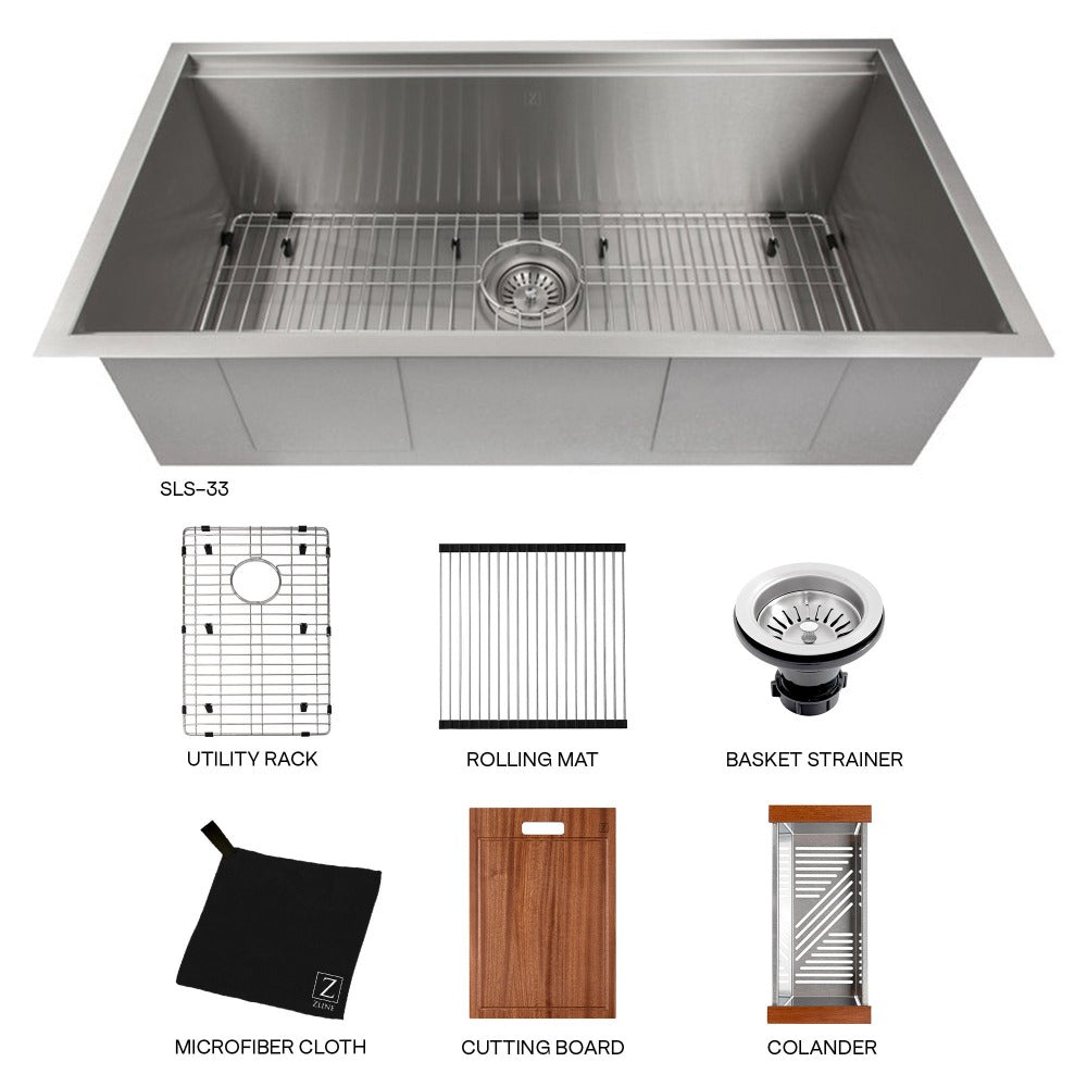 ZLINE Garmisch 33 in. Undermount Single Bowl Stainless Steel Kitchen Sink with Bottom Grid and Accessories (SLS-33) with included accessories.