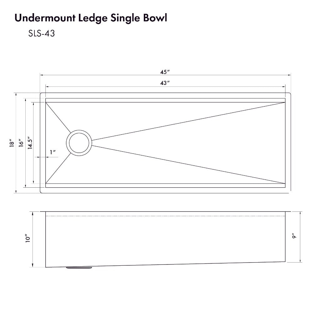 ZLINE Garmisch 43 in. Undermount Single Bowl Scratch Resistant Stainless Steel Kitchen Sink with Bottom Grid and Accessories (SLS-43S) dimensional diagram.