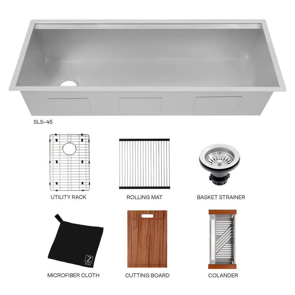 ZLINE Garmisch 45 in. Undermount Single Bowl Stainless Steel Kitchen Sink with Bottom Grid and Accessories (SLS-45) with all accessories.