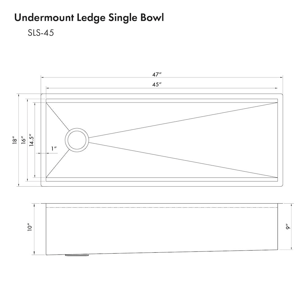 ZLINE Garmisch 45 in. Undermount Single Bowl Stainless Steel Kitchen Sink with Bottom Grid and Accessories (SLS-45) dimensional diagram.