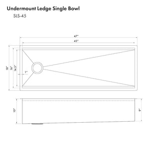 ZLINE Garmisch 45 in. Undermount Single Bowl Stainless Steel Kitchen Sink with Bottom Grid and Accessories (SLS-45) dimensional diagram.