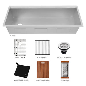 ZLINE Garmisch 45 in. Undermount Single Bowl Stainless Steel Kitchen Sink with Bottom Grid and Accessories (SLS-45) with all accessories.