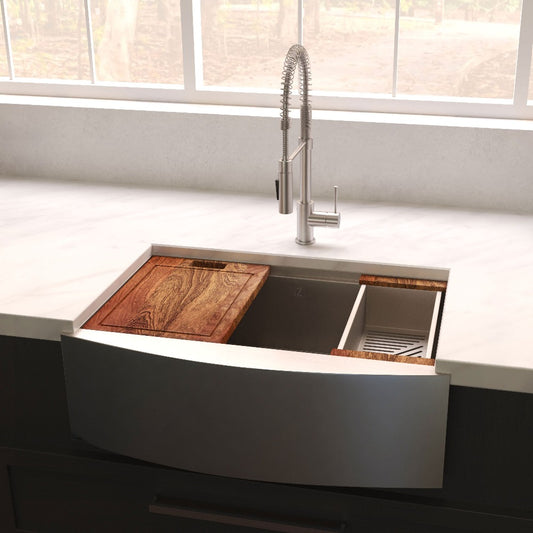 ZLINE Moritz 33 in. Farmhouse Apron Mount Single Bowl Stainless Steel Kitchen Sink with Bottom Grid and Accessories (SLSAP-33) in a farmhouse-style kitchen, above.