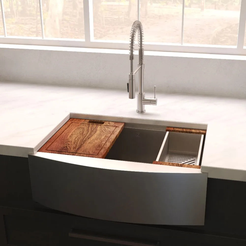ZLINE Moritz 33 in. Farmhouse Apron Mount Single Bowl Stainless Steel Kitchen Sink with Bottom Grid and Accessories (SLSAP-33) in a farmhouse-style kitchen, above.
