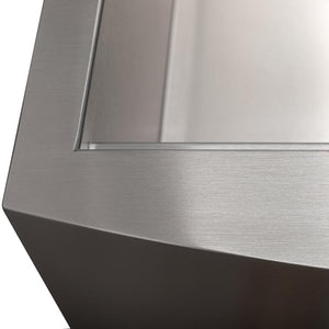 ZLINE Moritz 33 in. Farmhouse Apron Mount Single Bowl Stainless Steel Kitchen Sink with Bottom Grid and Accessories (SLSAP-33) close-up, stainless steel finish.