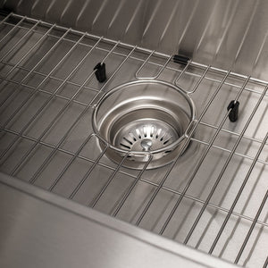 ZLINE Moritz 33 in. Farmhouse Apron Mount Single Bowl Stainless Steel Kitchen Sink with Bottom Grid and Accessories (SLSAP-33) basket strainer and utility rack.