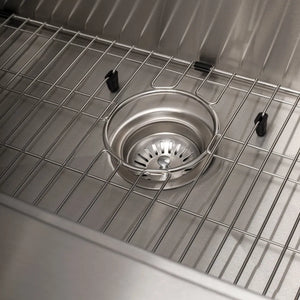 ZLINE Moritz 33 in. Farmhouse Apron Mount Single Bowl Stainless Steel Kitchen Sink with Bottom Grid and Accessories (SLSAP-33) basket strainer and utility rack.