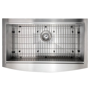 ZLINE Moritz 33 in. Farmhouse Apron Mount Single Bowl Stainless Steel Kitchen Sink with Bottom Grid and Accessories (SLSAP-33) overhead, with grate.
