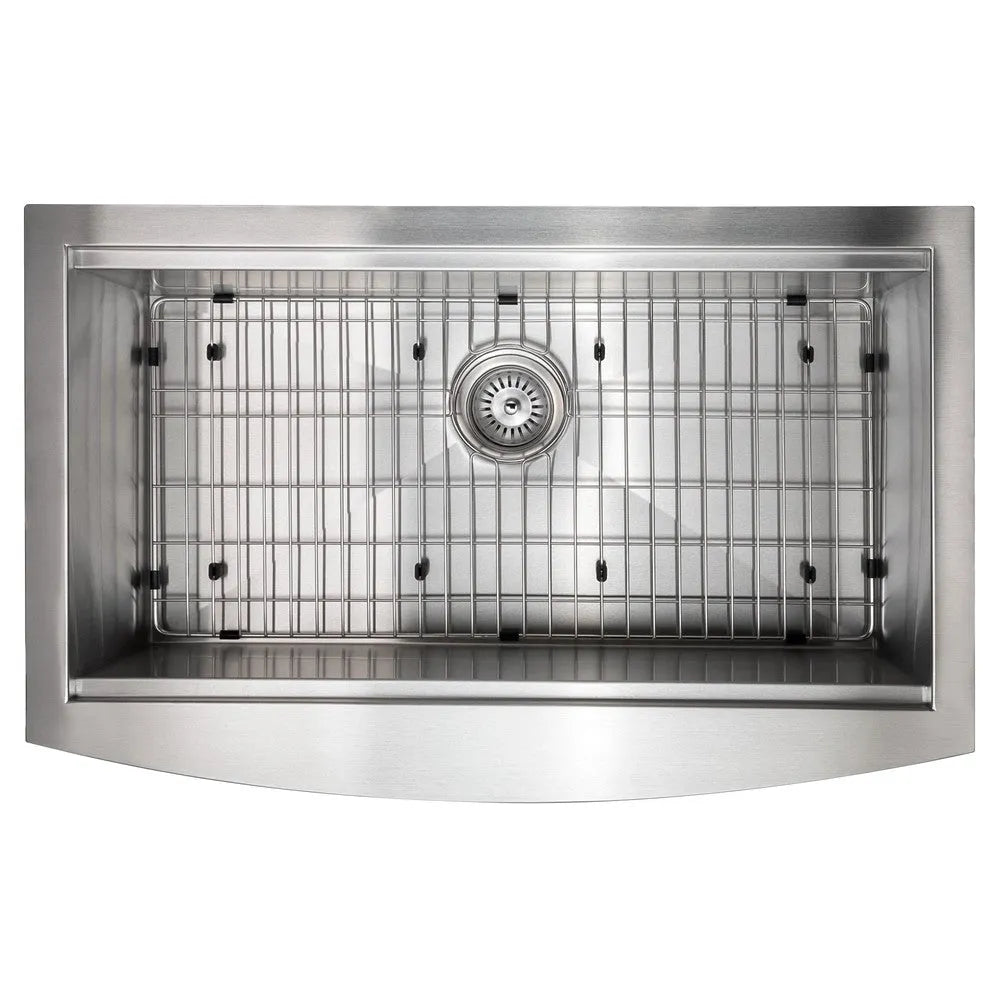 ZLINE Moritz 33 in. Farmhouse Apron Mount Single Bowl Stainless Steel Kitchen Sink with Bottom Grid and Accessories (SLSAP-33) overhead, with grate.