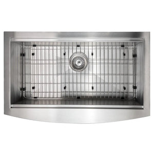 ZLINE Moritz 33 in. Farmhouse Apron Mount Single Bowl Stainless Steel Kitchen Sink with Bottom Grid and Accessories (SLSAP-33) overhead, with grate.