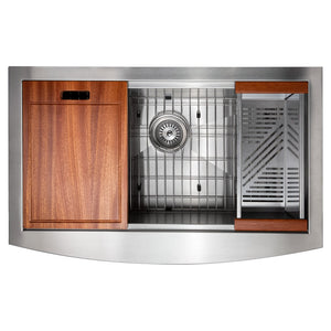 ZLINE Moritz 33 in. Farmhouse Apron Mount Single Bowl Stainless Steel Kitchen Sink with Bottom Grid and Accessories (SLSAP-33) overhead.