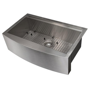 ZLINE Moritz 33 in. Farmhouse Apron Mount Single Bowl Stainless Steel Kitchen Sink with Bottom Grid and Accessories (SLSAP-33) side, angled, with grate.