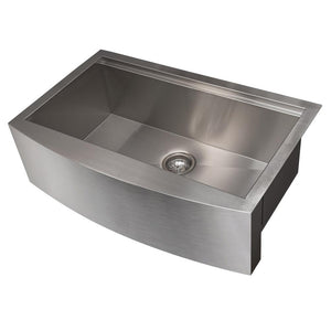 ZLINE Moritz 33 in. Farmhouse Apron Mount Single Bowl Stainless Steel Kitchen Sink with Bottom Grid and Accessories (SLSAP-33) side, angled, no grate.