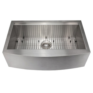 ZLINE Moritz 33 in. Farmhouse Apron Mount Single Bowl Stainless Steel Kitchen Sink with Bottom Grid and Accessories (SLSAP-33) front, with grid.