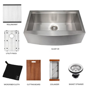 ZLINE Moritz 33 in. Farmhouse Apron Mount Single Bowl Stainless Steel Kitchen Sink with Bottom Grid and Accessories (SLSAP-33) with all accessories.