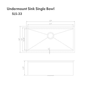 ZLINE Garmisch 33 in. Undermount Single Bowl Stainless Steel Kitchen Sink with Bottom Grid and Accessories (SLS-33) dimensional diagram.